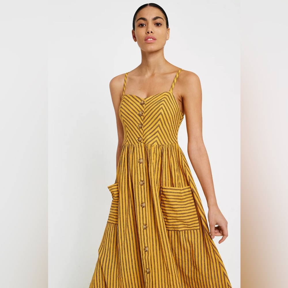 Mustard yellow striped midi dress with pockets